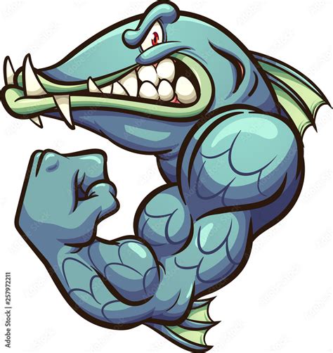 Strong angry cartoon barracuda fish mascot clip art. Vector ...