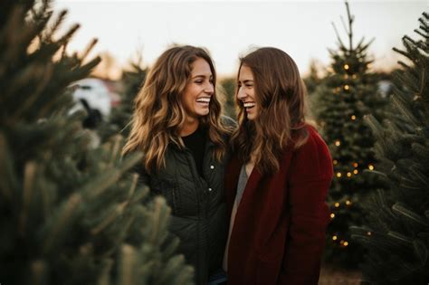 A Lesbian Couple Browses Through Christmas Trees The Festive Market Backdrop Enhancing Their