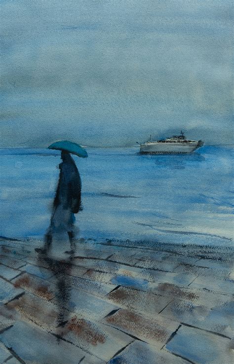 Walking alone under the rain - Watercolor, in Trieste