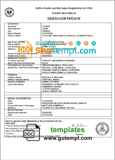 Australian South Australian Death Certificate Example In Word Format