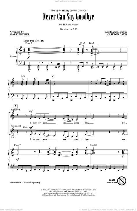 Brymer Never Can Say Goodbye Sheet Music For Choir Ssa Soprano Alto