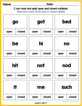 Open And Closed Syllables Phonics Worksheets Level Unit W Trick