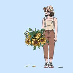 A Drawing Of A Woman Holding A Bouquet Of Sunflowers