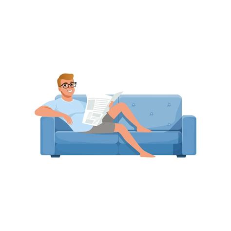 Joven Sentado En Un Sofá Azul Y Leyendo El Periódico Actividad De La