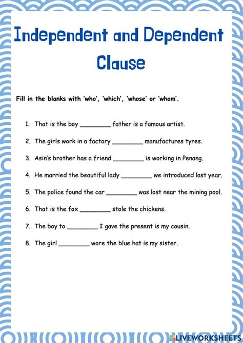 Independent And Dependent Clause Interactive Worksheet Live