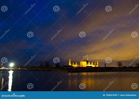 Kronborg Castle at Night Seen from Elsinore Harbour Stock Photo - Image ...