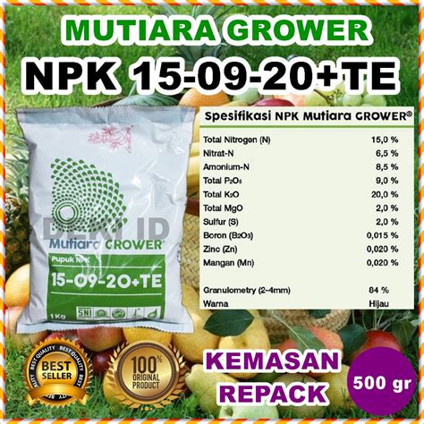 Jual Pupuk NPK Grower 500 Gram Repack 15 09 20 TE Mutiara Meroke