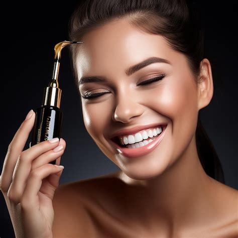 A Woman Holding A Bottle Of Perfume With A Black Background Behind Her