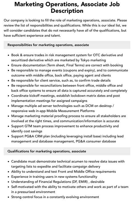 Marketing Operations Associate Job Description Velvet Jobs