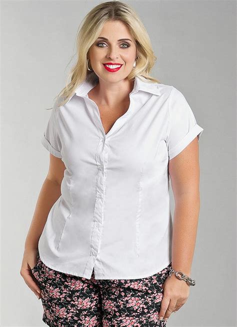 Camisa Feminina Plus Size Manga Curta Branco Marguerite