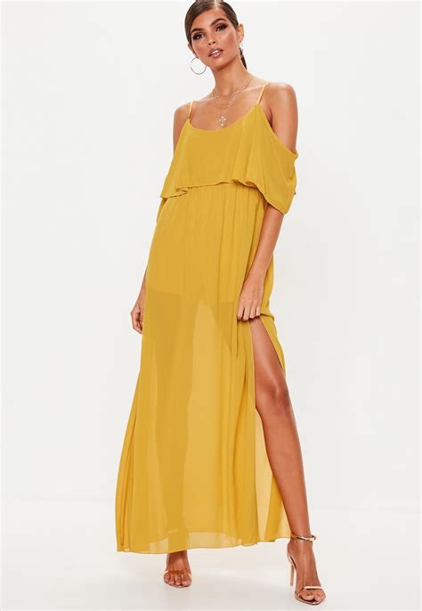 Missguided Robe Longue Jaune Moutarde Volants Robe Longue Robe