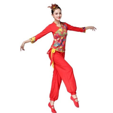 Women S Chinese Dragon Folk Dance Costumes Red Color China Traditional Yangko Umbrella Fan