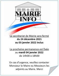 FERMETURE DU SECRETARIAT DE MAIRIE 24 DECEMBRE 2021 AU 03 JANVIER 2020