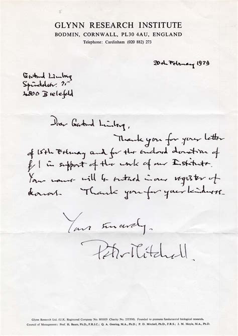 Peter D Mitchell Autograph Signed Letters Von Peter D Mitchell