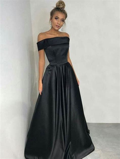 Princess Off The Shoulder Black Satin Long Simple Prom Dresses Apd2996