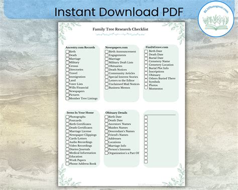 Family Tree Research Checklist | Genealogy Printable Worksheet