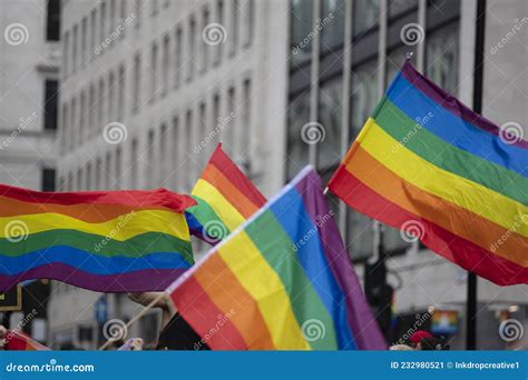 Rainbow Gay Pride Flags At An Lgbt Gay Pride Solidarity Parade Stock