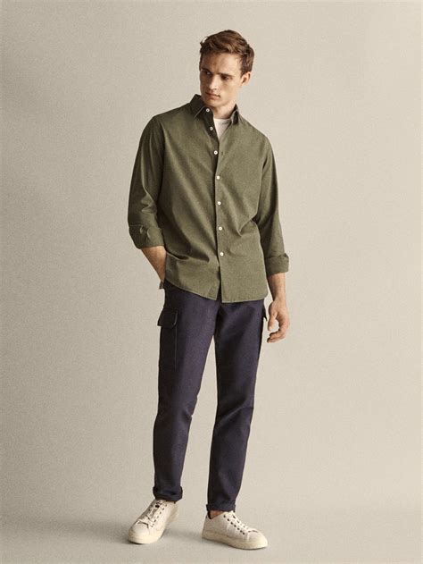 Massimo Dutti Hombre Camisa popelín tintada slim fit Verde Xxl