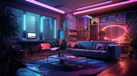 Premium Photo A Living Room With A Neon Sign That Says Cyberpunk On It