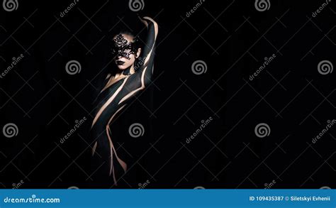 Slender Gothic Naked Woman In Black Body Art Posing In A Mask Stock Video Video Of Model