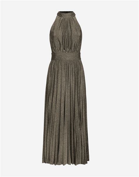 Pleated Jersey Lurex Calf Length Dress In Silver For Women Dolceandgabbana®