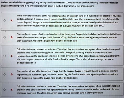 SOLVED: In class, we talked about oxygen typically having an oxidation state of -2. One ...