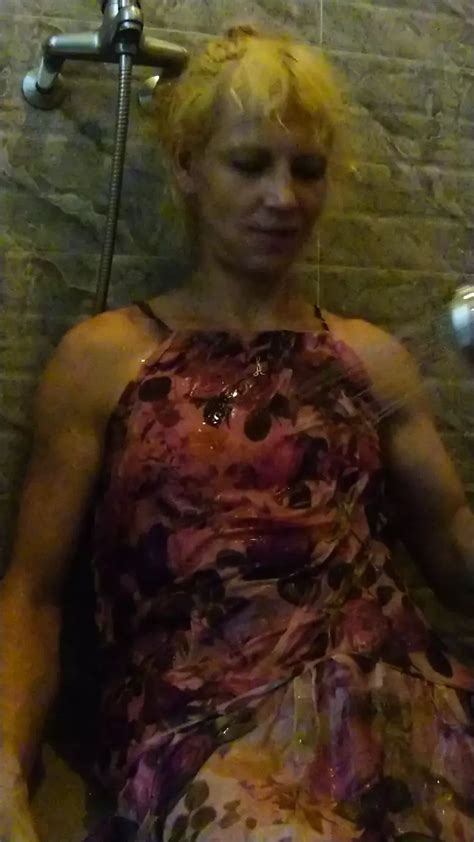 Blonde Transgirl In Shower Wet In Clothes Masturbate And Cum Wetlook In Red Rose Dress Shemale