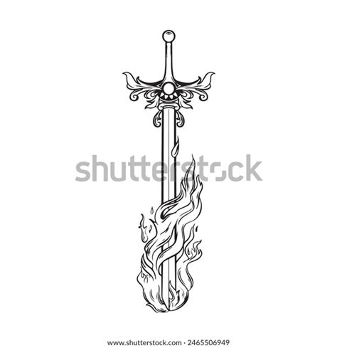 Black White Illustration Fire Sword Engraving Stock Vector Royalty