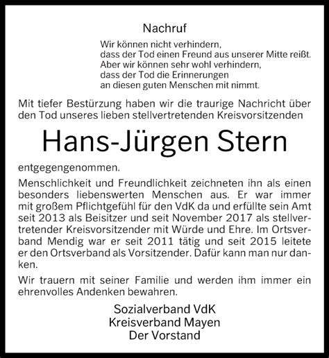 Traueranzeigen Von Hans J Rgen Stern Rz Trauer De