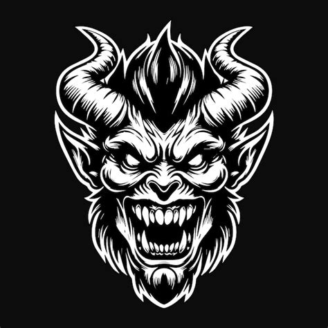 Premium Vector | Dark art angry demon head black and white illustration