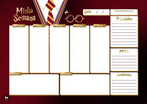 Planner Calendário Semanal Notas Harry Potter Gravada Grifinória