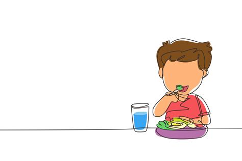 Single One Line Drawing Boy Eating Healthy Morning Breakfast Food