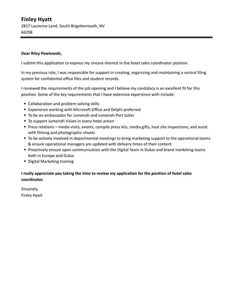 Hotel Sales Coordinator Cover Letter Velvet Jobs