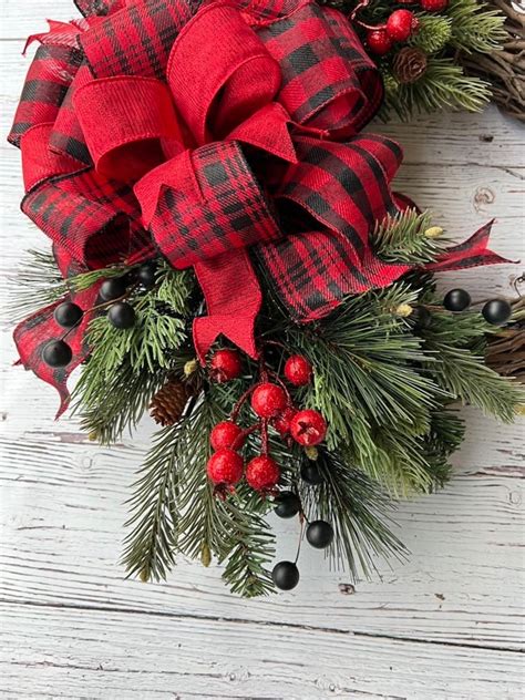 Buffalo Plaid Christmas Wreath For Front Door Evergreen Etsy