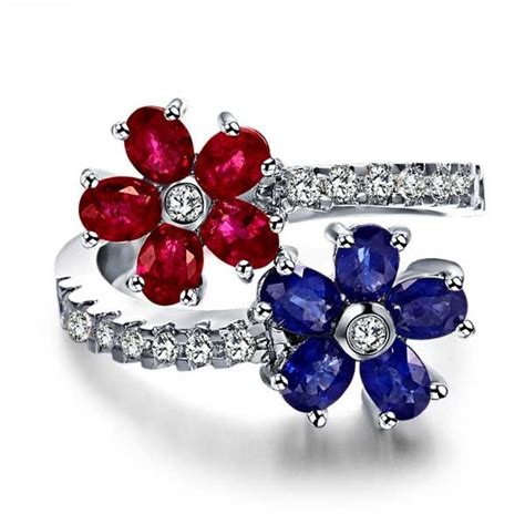 Ruby, Sapphire and Diamond Engagement Ring on 10k White Gold - JeenJewels