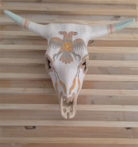 White Union Yarn Painting On Ceramic Cow Skull Art Of The Native