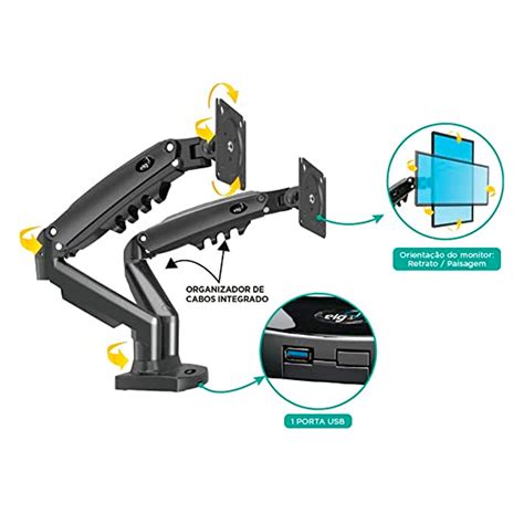 Suporte Articulado De Mesa Com Pistão A Gás Para 2 Monitores F180usb Elg Fort Distribuidora