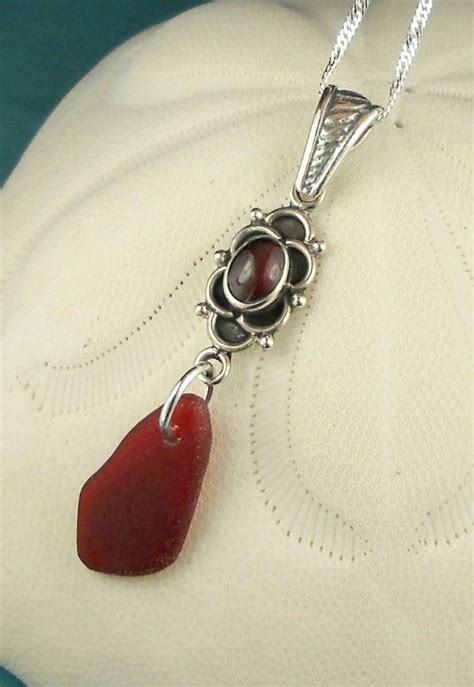 Rare Genuine Red Sea Glass Necklace With Genuine Garnet Etsy Red