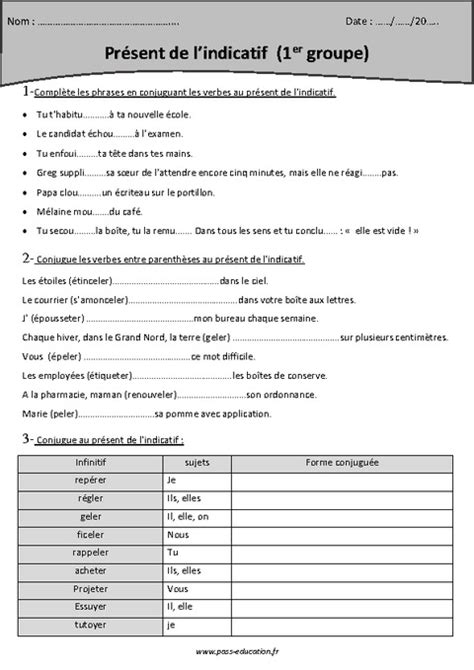 Verbes Du Er Groupe Pr Sent De L Indicatif Cm Exercices Pass