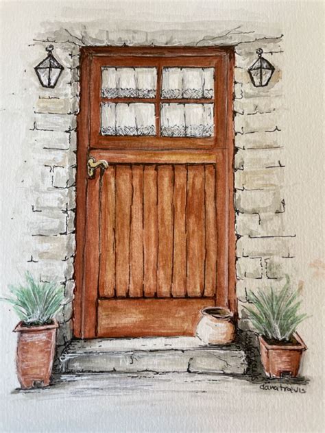 Wooden Door With Curtains In Watercolor Paintings Nature