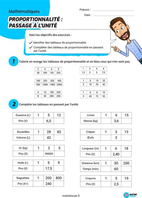 Exercices Proportionnalité passage à l unité Maître Lucas