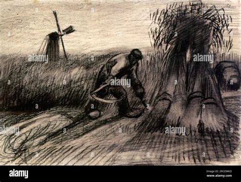 Wheatfield With Reaper And Peasant Woman Binding Sheaves Nunen