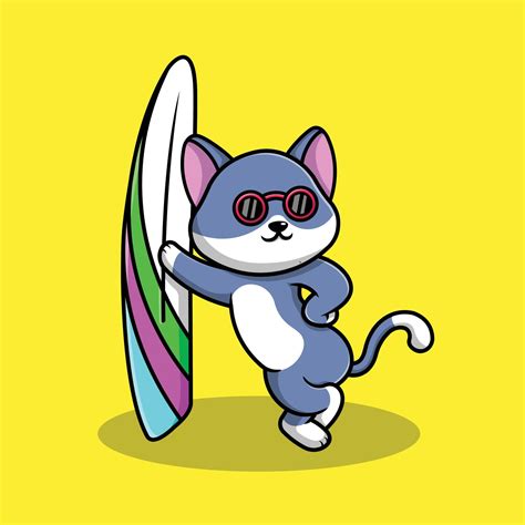 Cute Cat With Surfboard Cartoon Vector Icon Illustration Animal Sport