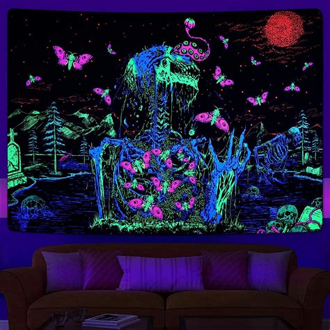 Uspring Blacklight Skull Tapestry Trippy Butterfly Tapestries Glow In