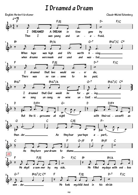 I Dreamed A Dream Lead Sheet With Lyrics Sheet Music For Piano Solo Easy