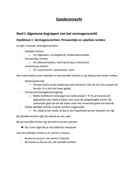 Goederenrecht Samenvatting Goederenrecht Deel I Algemene Begrippen