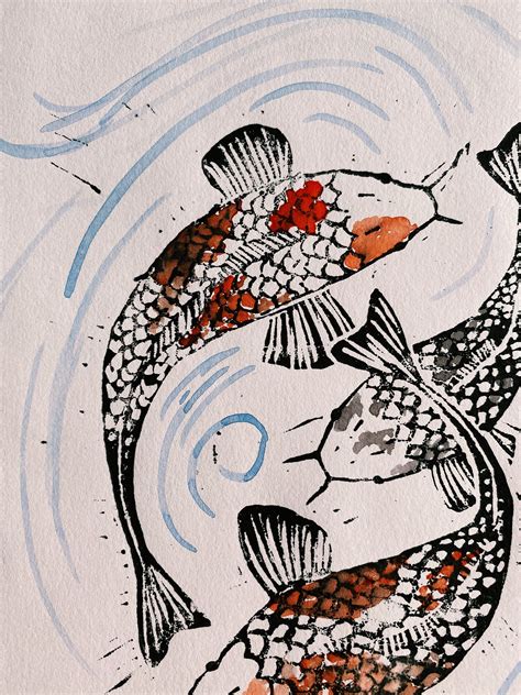 Prints Wood Linocut Prints Koi Carp Linocut And Watercolour Print Art