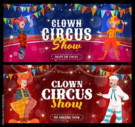 Shapito Circus Cartoon Clowns And Jesters On Stage Of Carnival Show