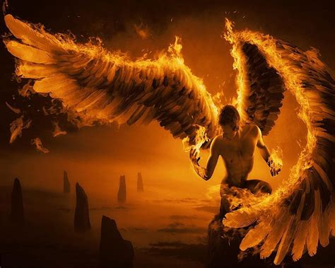 Burning Angel Rocks Fire Male Wings Angel Sea Hd Wallpaper Peakpx