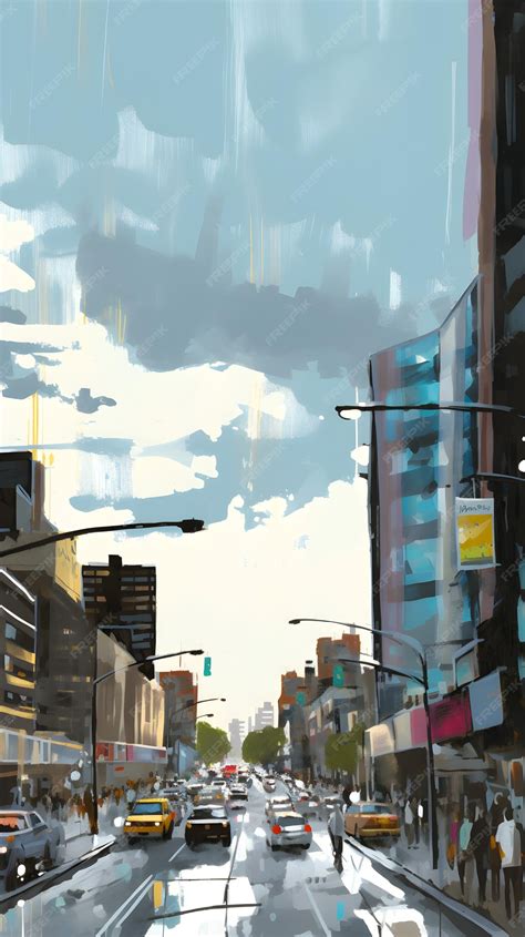 Premium AI Image | A street scene painting of a city illustration ...